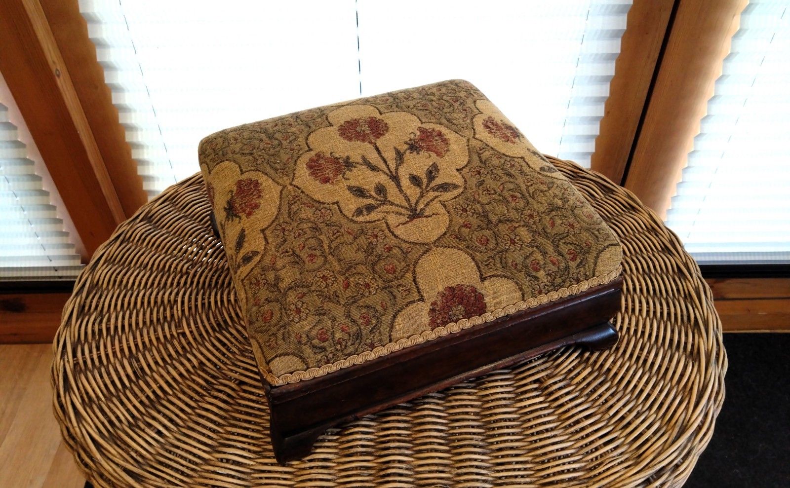 Antique Arts & Crafts Square Wooden Upholstered Low Foot Stool Floral Fabric
