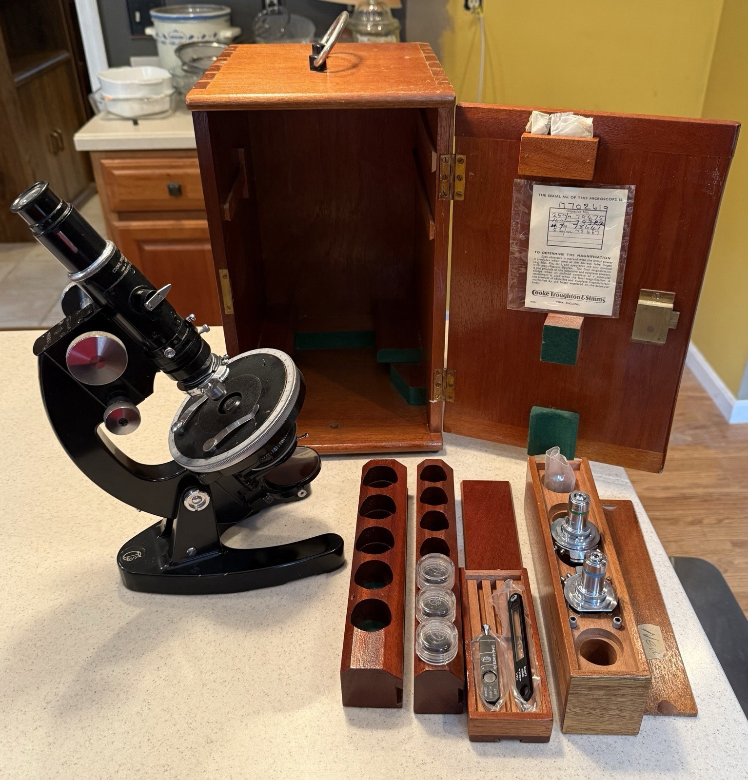 Vintage Cooke Troughton & Simms Polarizing Microscope,  5X 20X 40X, Wood Box