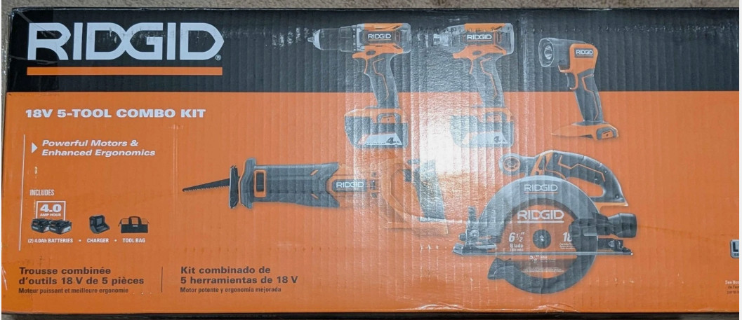 RIDGID 18V Cordless 5-Tool Combo Kit Set R96255 (2) 4.0Ah Batteries + Charger