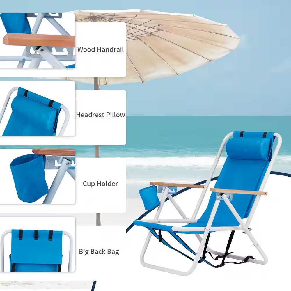 Portable 2 Pack Blue Steel Folding Adjustable Headrest Beach Chair