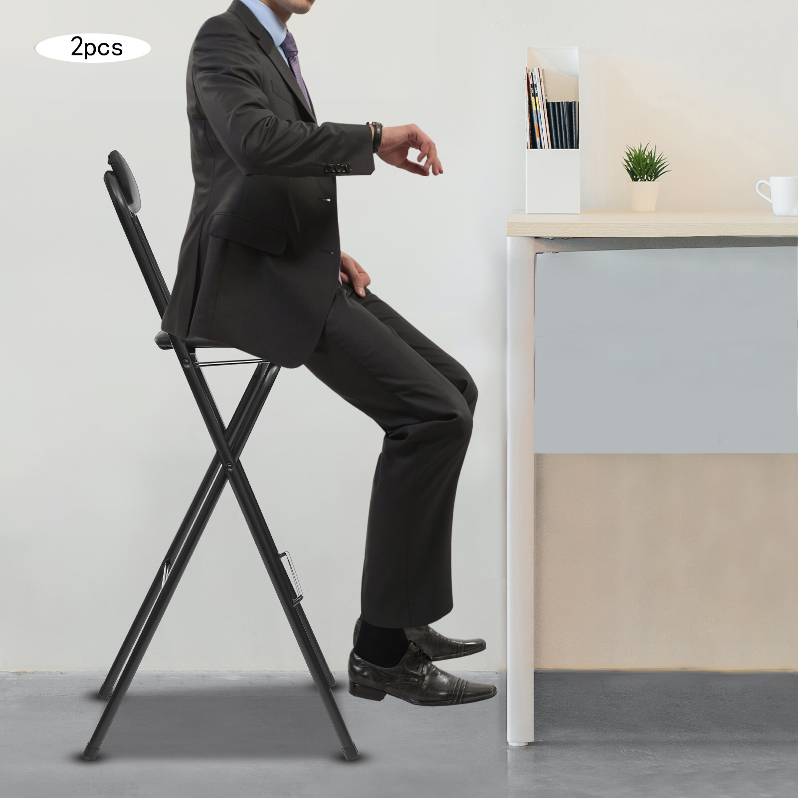 2Pcs Black Foldable Bar Chair Modern Tall Folding Chair Portable Folding Stool