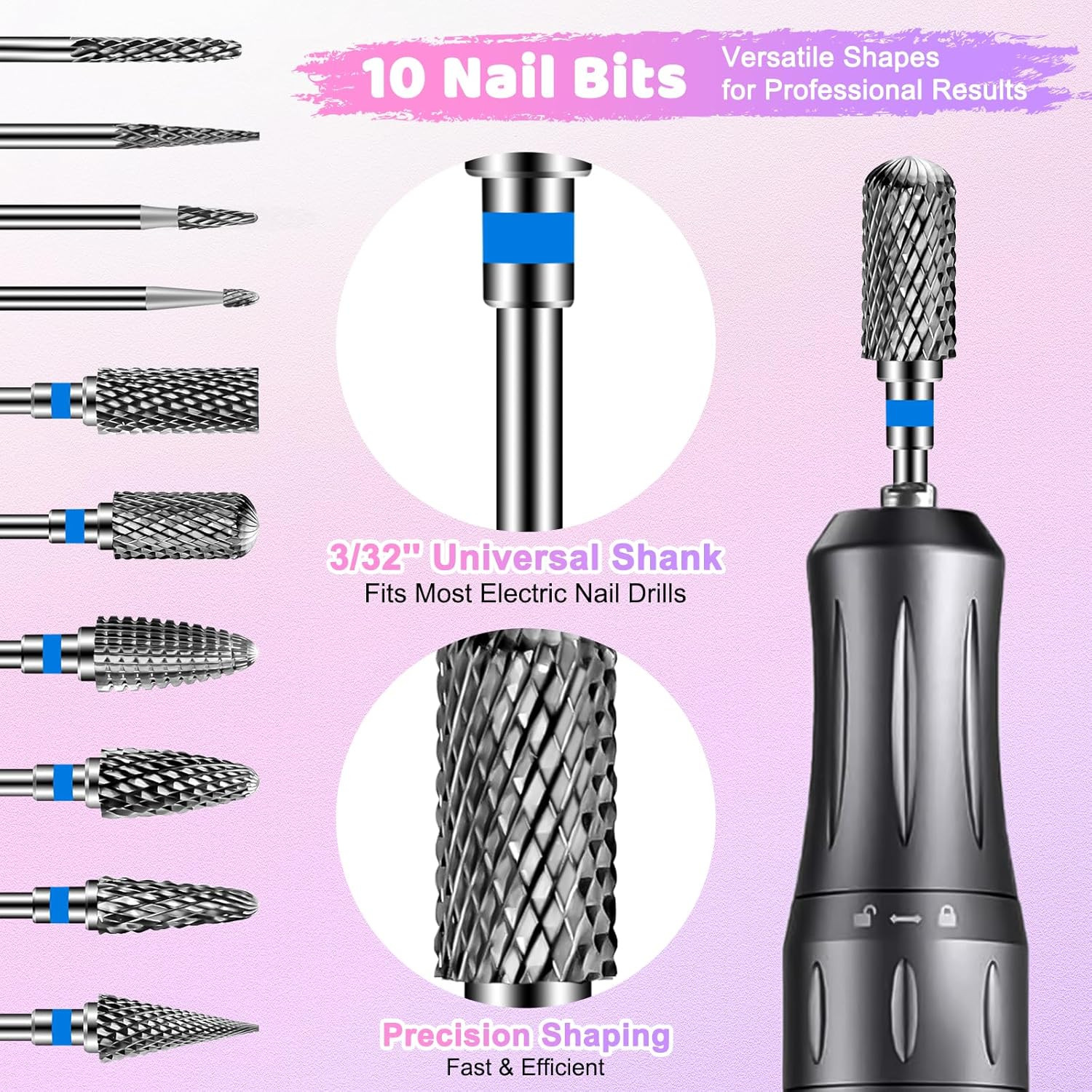 Nail Drill Bits Set: 10PCS Tungsten Carbide Nail Drill Bits for Acrylic Nails, 3