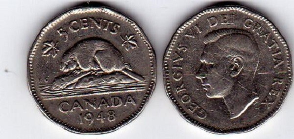 1948 Canada Five Cents Nickel Coin. Semi Key Date 5-Cents 5c