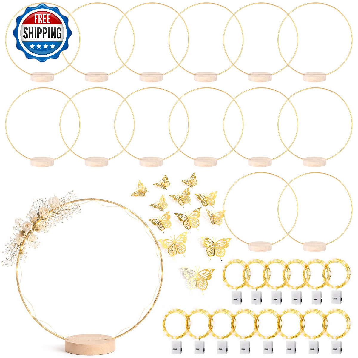 14 Pack Floral Hoop with Stand and LED Fairy Lights 8 Inch Metal Rings for DIY C