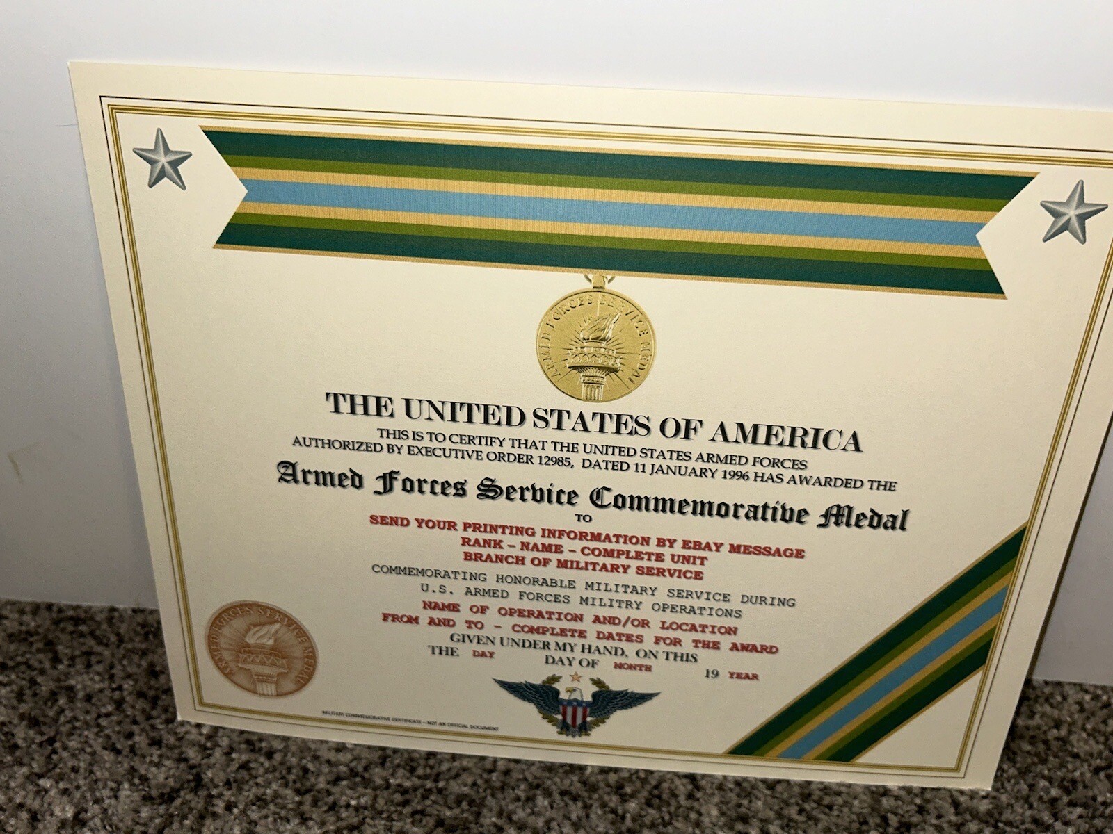 ARMED FORCES SERVICE MEDAL COMMEMORATIVE CERTIFICATE ~ W/PRINTING TYPE-1