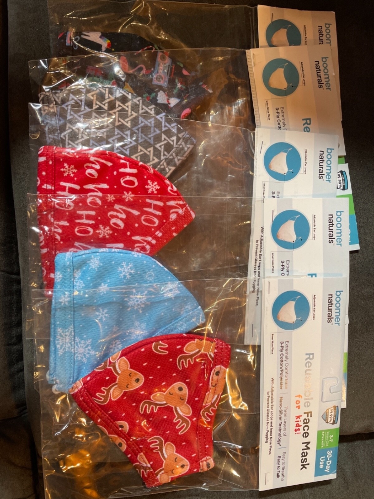 Lot of 5 New 3-7 yr Youth Boomer Naturals Reuseable Face Masks Holiday Prints