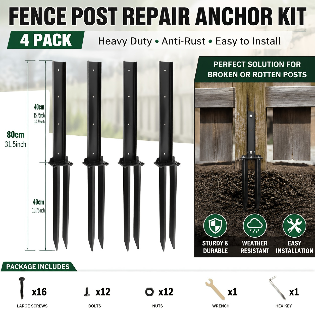 4Pcs Fence Post Repair Kit, Heavy Duty Fence Post Anchor Ground Stakes