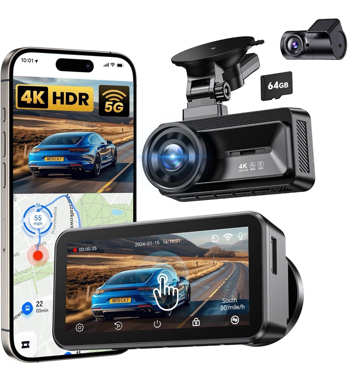 Dash Cam Front and Rear Camera: Touch Screen 4k Car Camera with STARVIS Sensor..