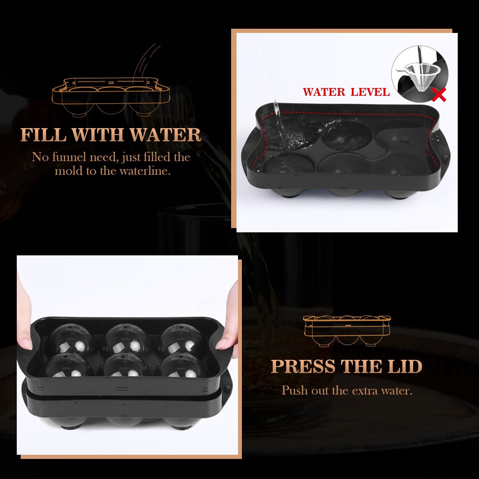 2 Pack Black Whiskey Ice Cube Molds Round Sphere 2.2 Inch