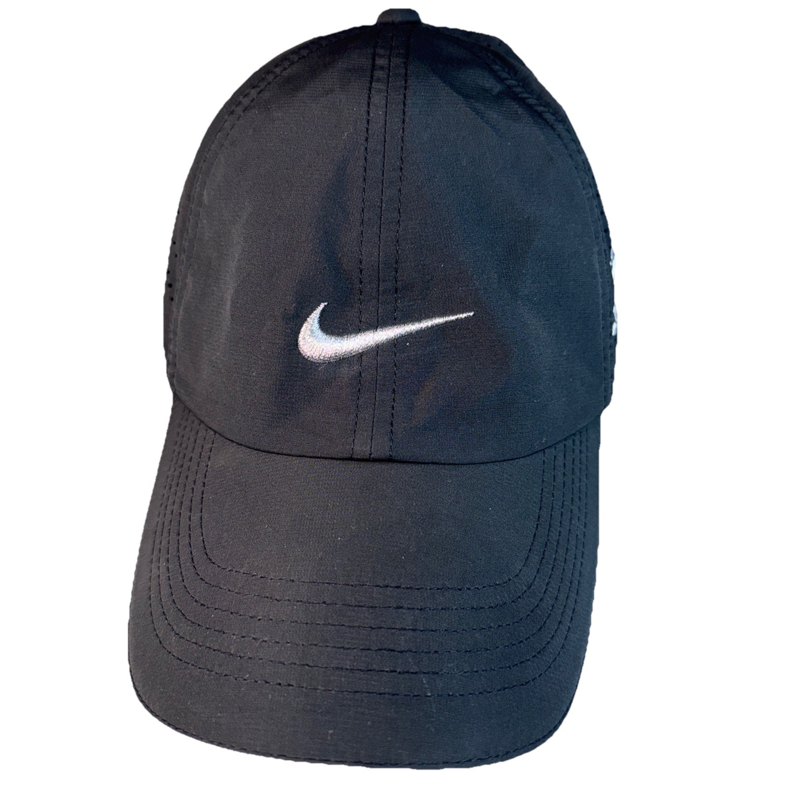 Nike Golf Lt Wt black Polyester Hat Cap w Sparkle White Swoosh Vented Hook Loop