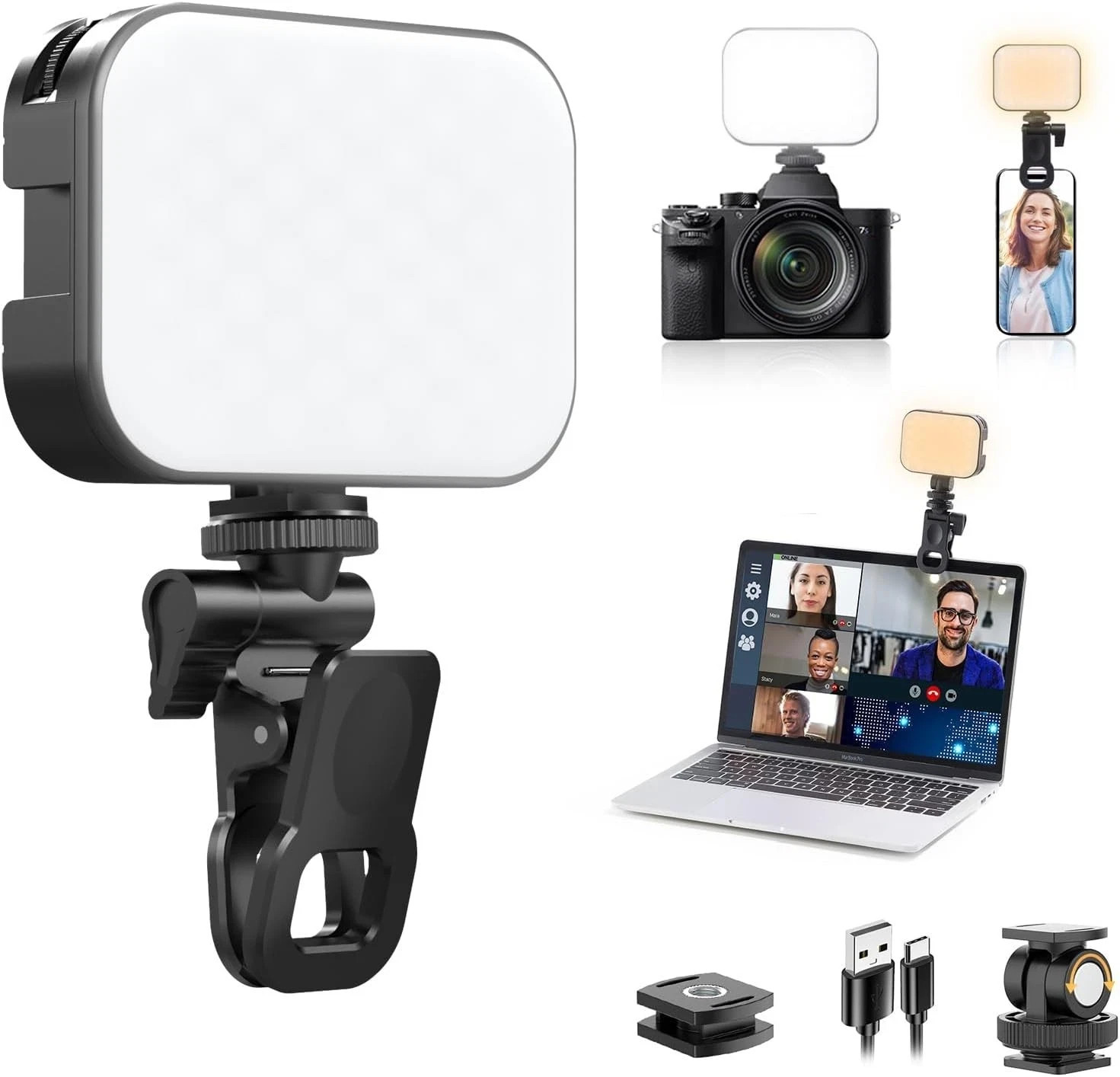 D6 Video Light LED Clip-On for Computer Laptop Phone 2500-6500K USB/Battery