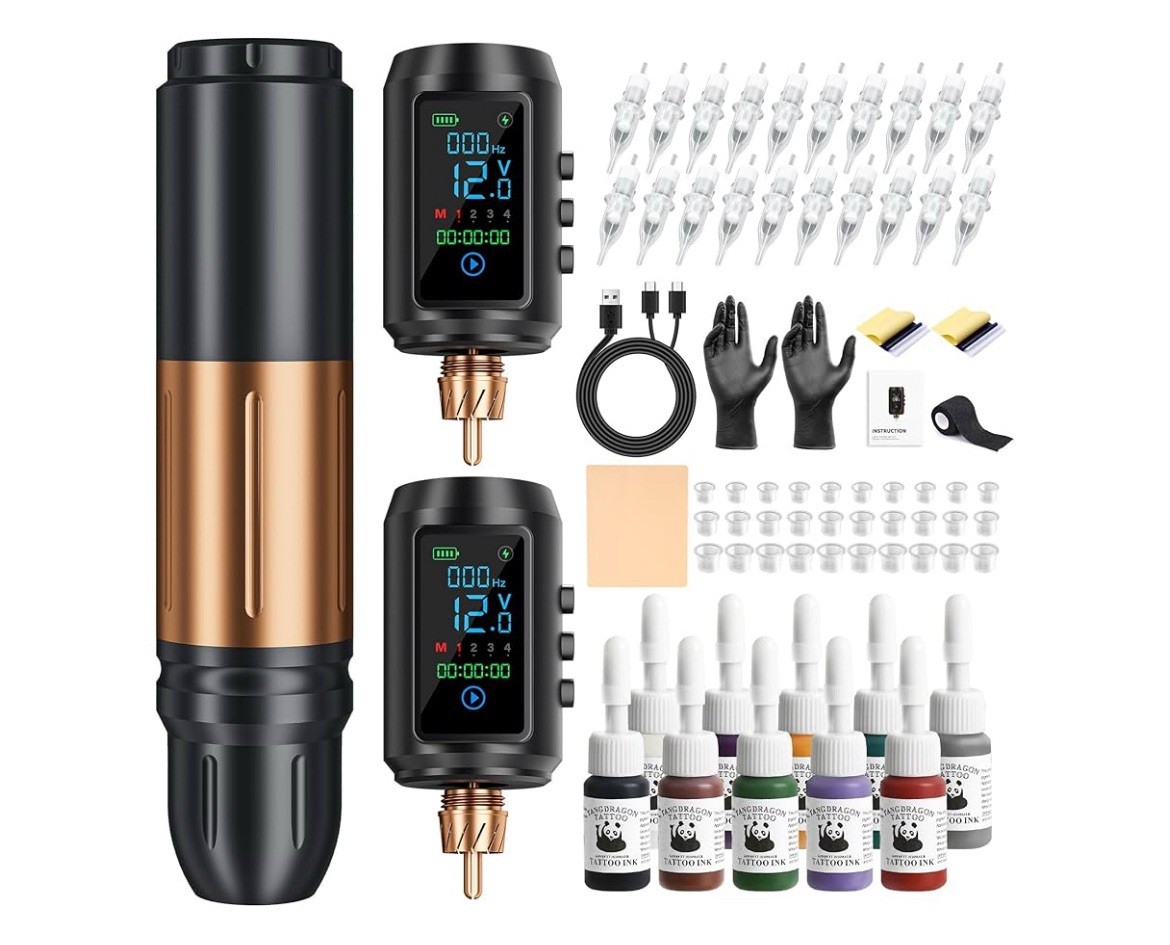 Cordless Tattoo Gun Kit, 4 Speed, 2 Batteries, 6200rpm, Adjustable For Beginners