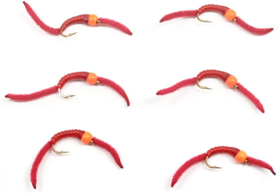 San Juan Worm Hot Orange Bead Power Worm Red V-Rib Set of 6 Nymph Flies Size 10