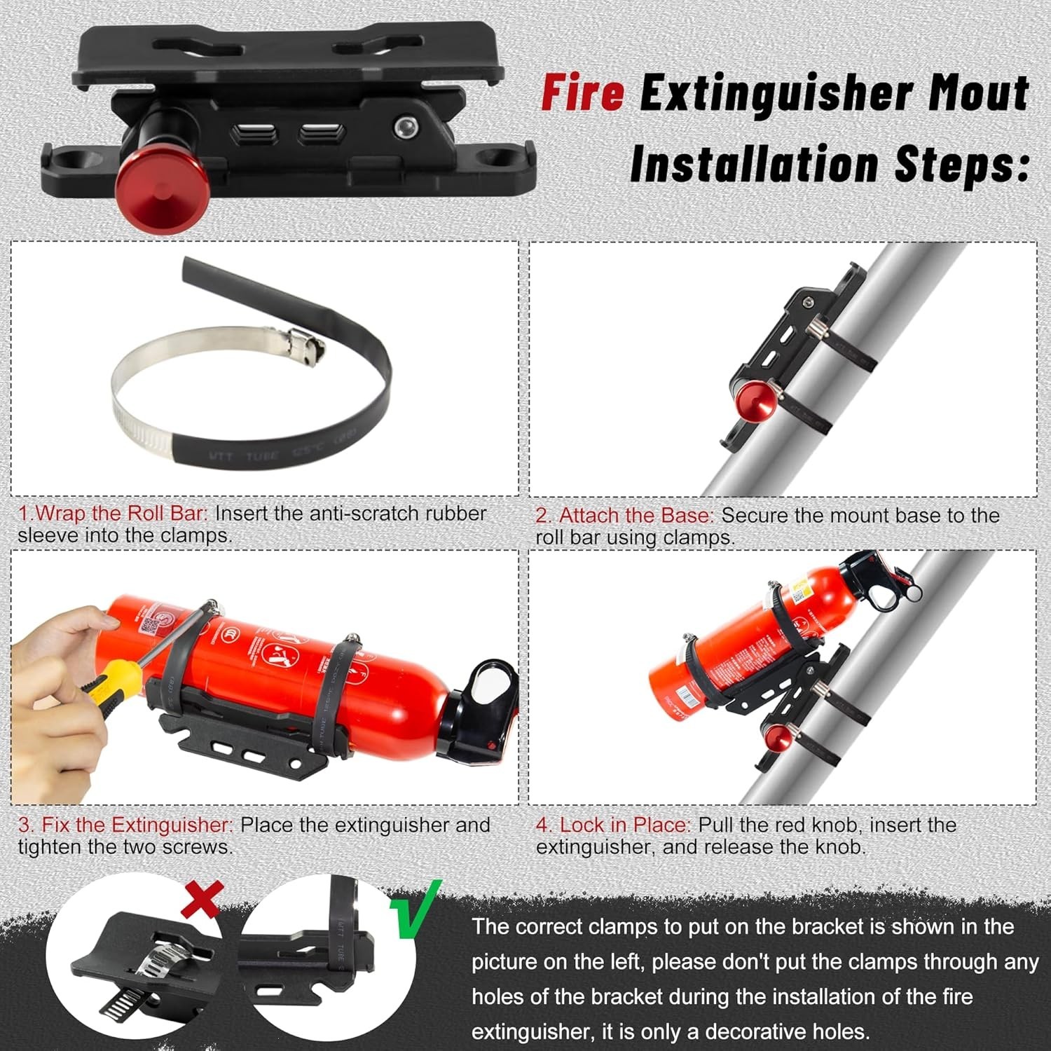Quick Release Fire Extinguisher Mount - Aluminum Adjustable UTV Roll Bar Fire Ex