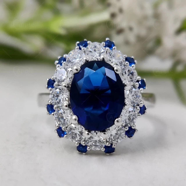 2.50Ct Oval Cut Lab Created Blue Sapphire Engagement Ring 14K White Gold Plated