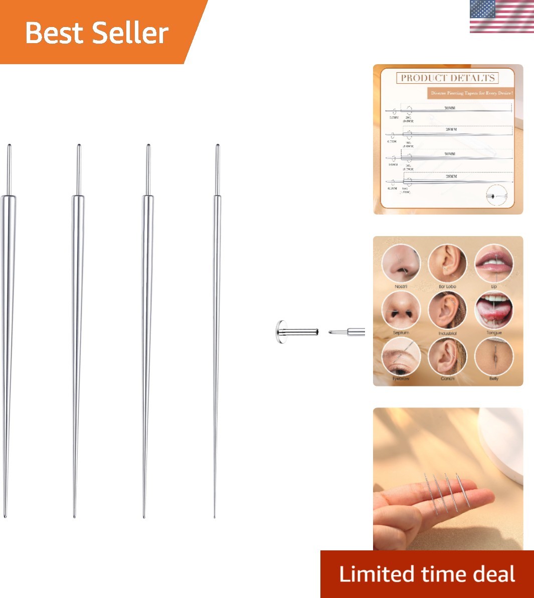 Safe and Easy Piercing Taper Insertion Tool for Flat Back Earrings - 14G to 20G