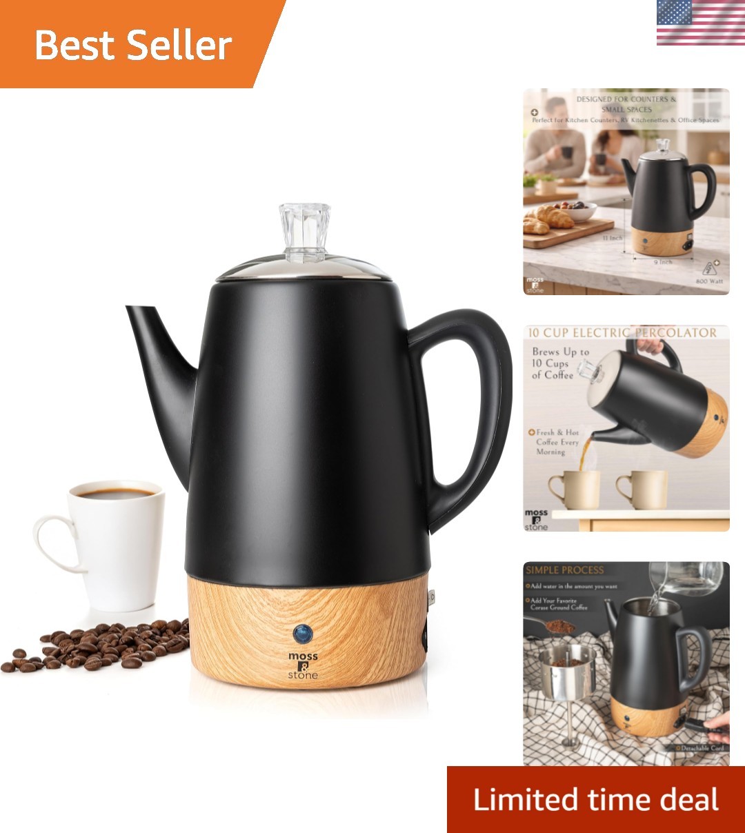 10 Cup Black Percolator Coffee Pot Electric, Stainless Steel Coffee Percolato...