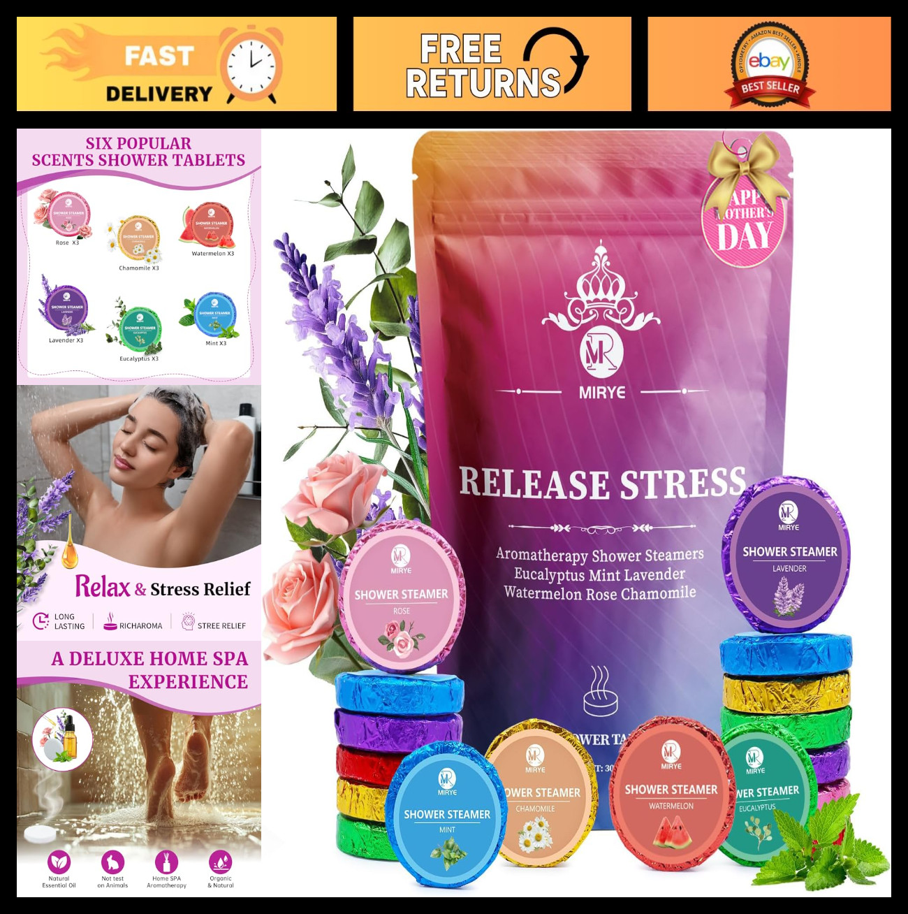 18-Pack Aromatherapy Shower Steamers, Organic Essential Oil Bombs for Relaxation