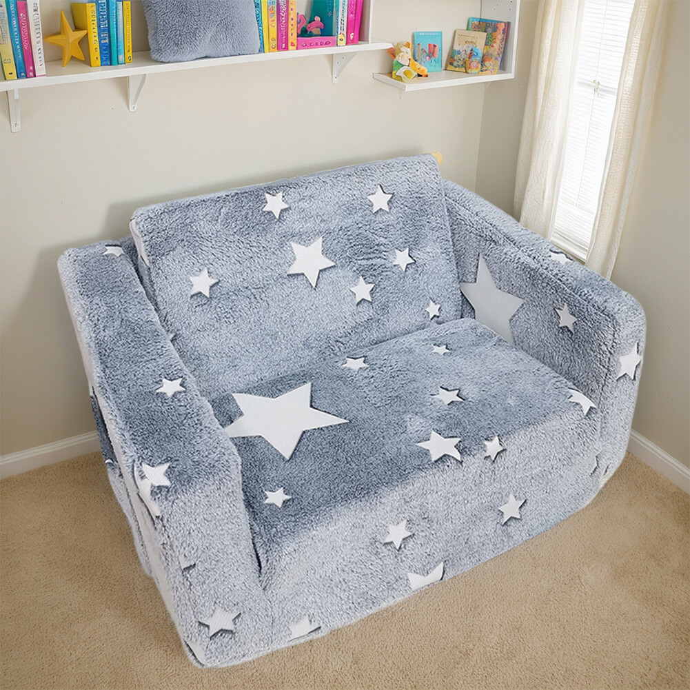 Toddler Kids Couch Convertible Sofa To Lounger for Girls and Boys (Gray Stars)