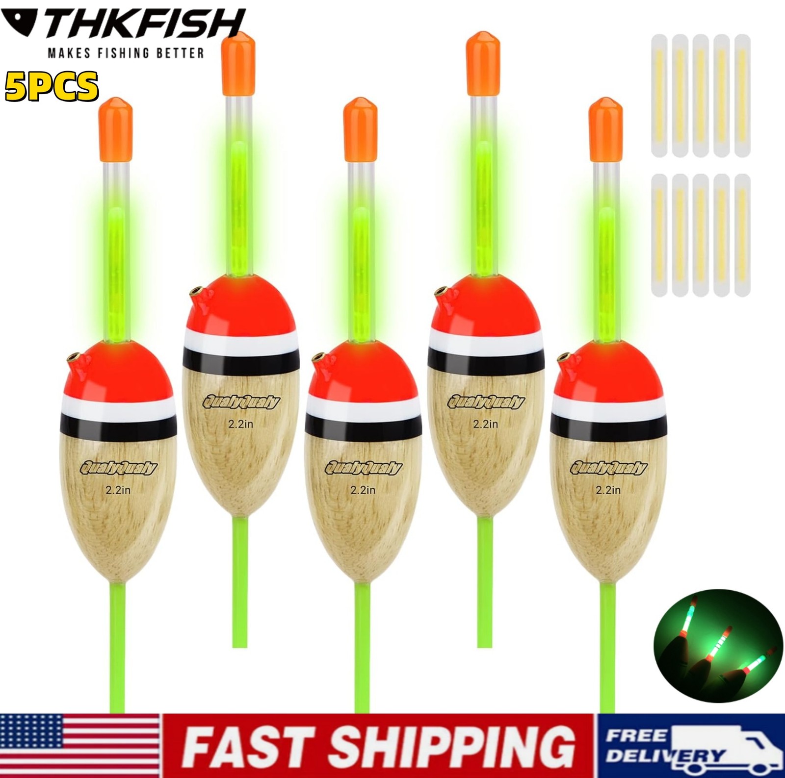 5Pcs LED Light Bobbers Fishing Floats Fishing Bobbers Saltwater Freshwater Night