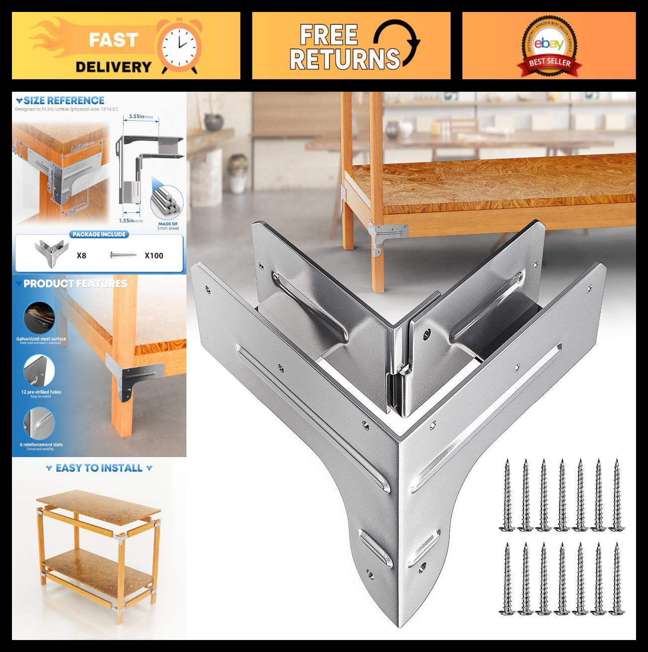 Heavy-Duty Workbench Hardware Kit - 8 Galvanized Steel Brackets & 100 Screws - C