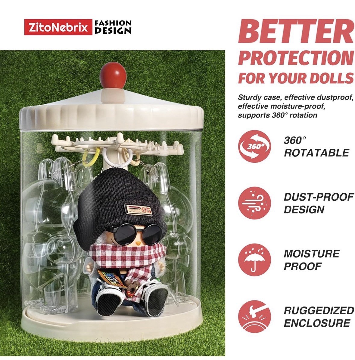 360° Rotating Display Case for 6" Doll Keychains – Stackable Clear Dustproof