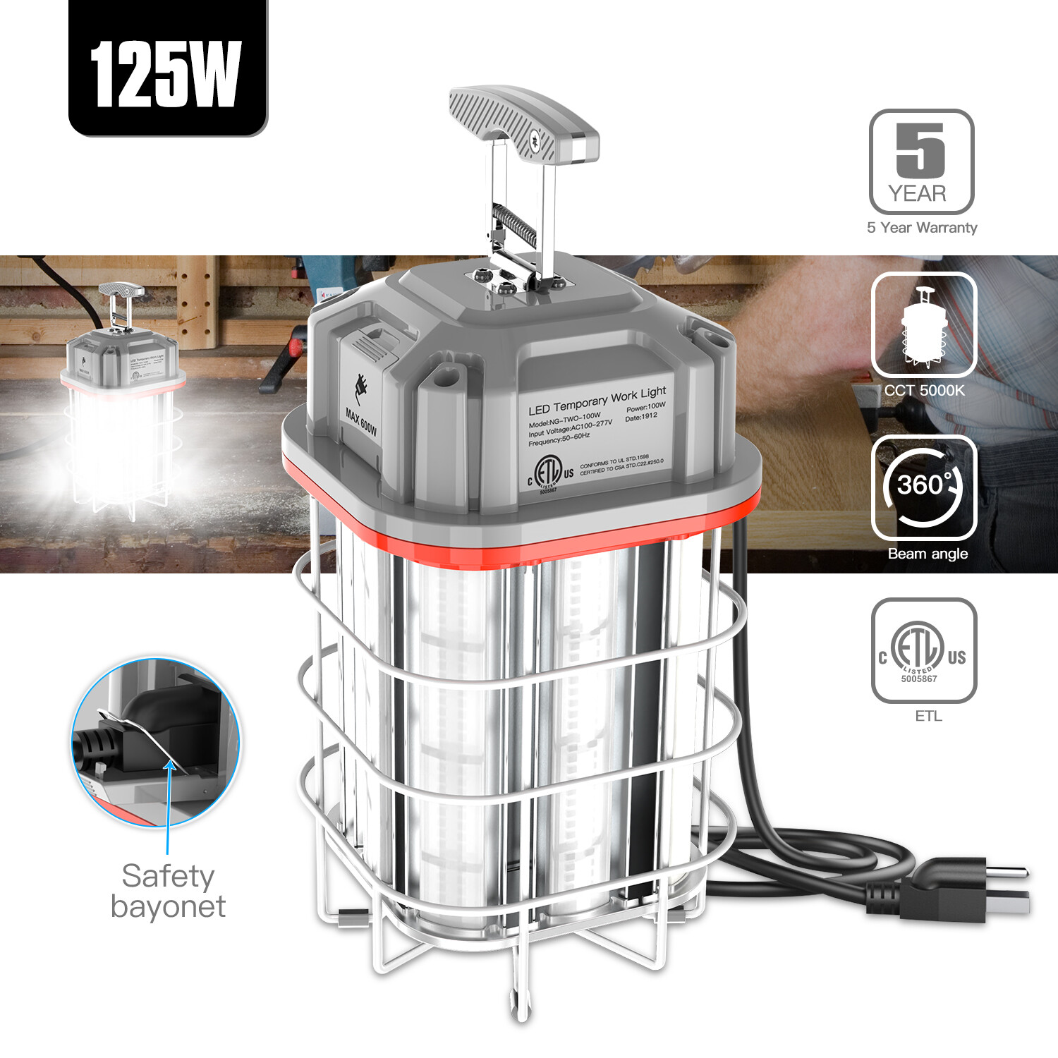 125W LED Temporary Work Light 18,000LM Linkable Construction Jobsite Light ETL