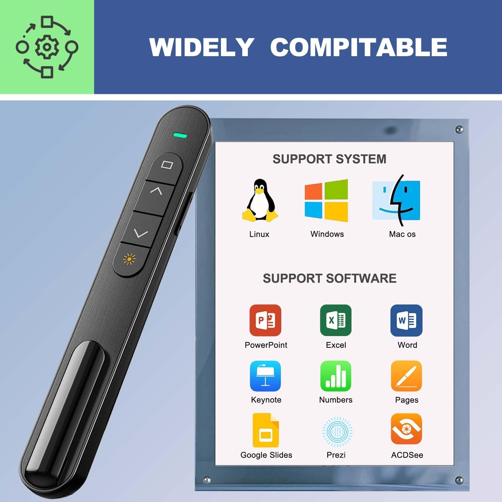 Wireless Presentation Clicker with Volume Control - USB Remote for PowerPoint, M
