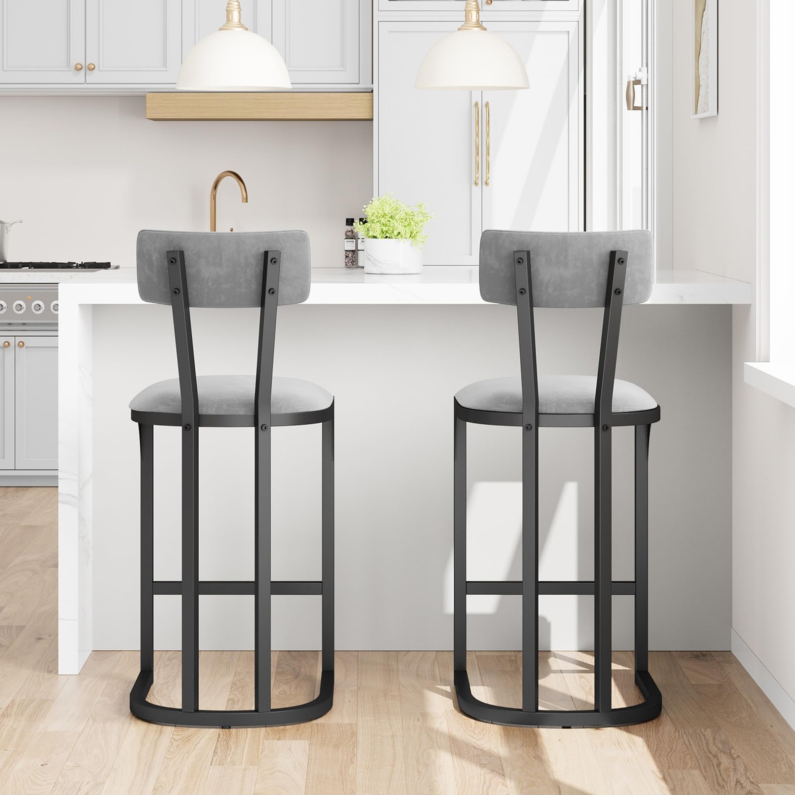Ergonomic Counter Height Bar Stools 2 Pack Metal Frame Velvet for Kitchen & Bar