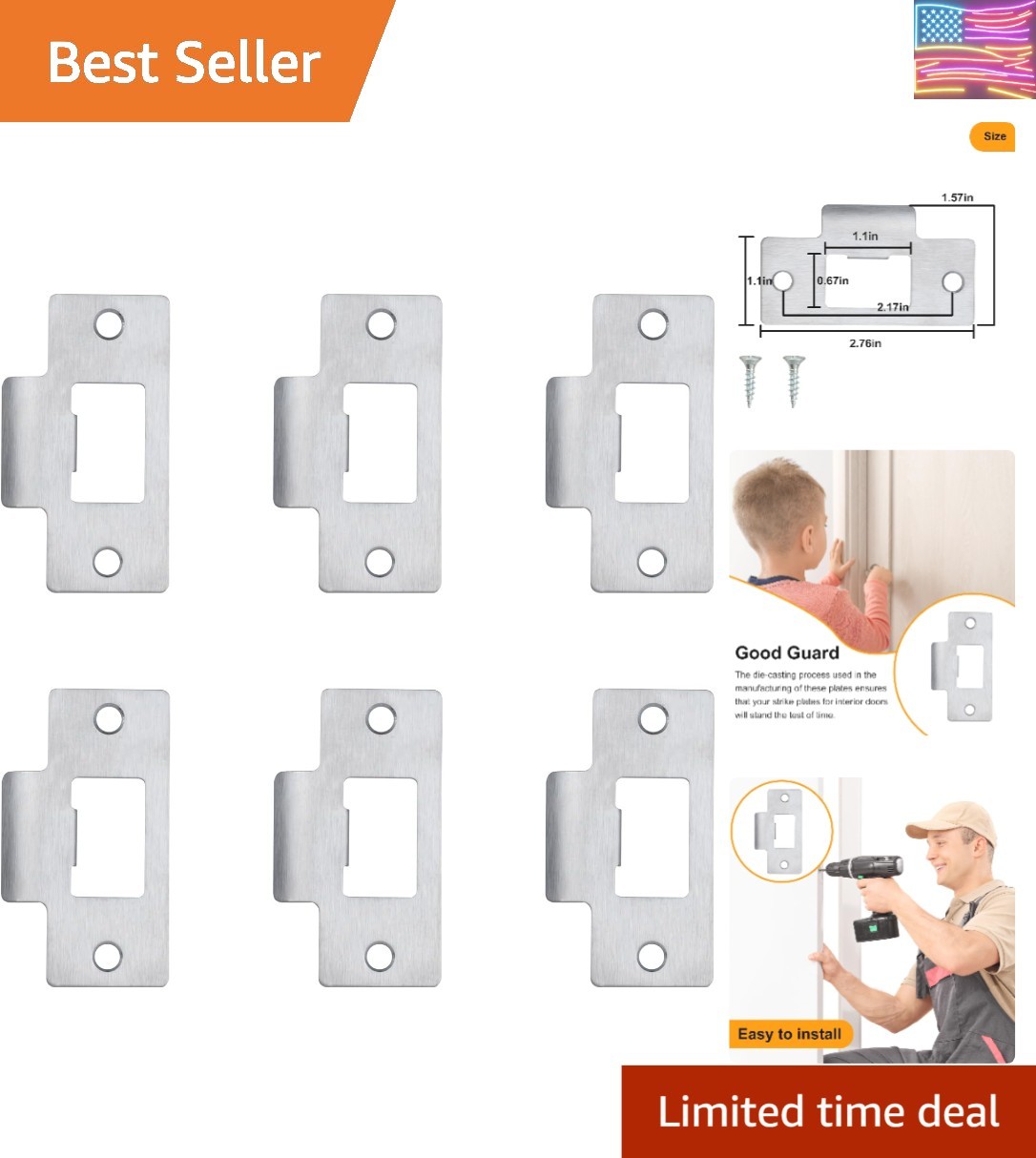 6PCS Universal Door Strike Plate，Replacement Lock Strike Plate T Strike Deadb...