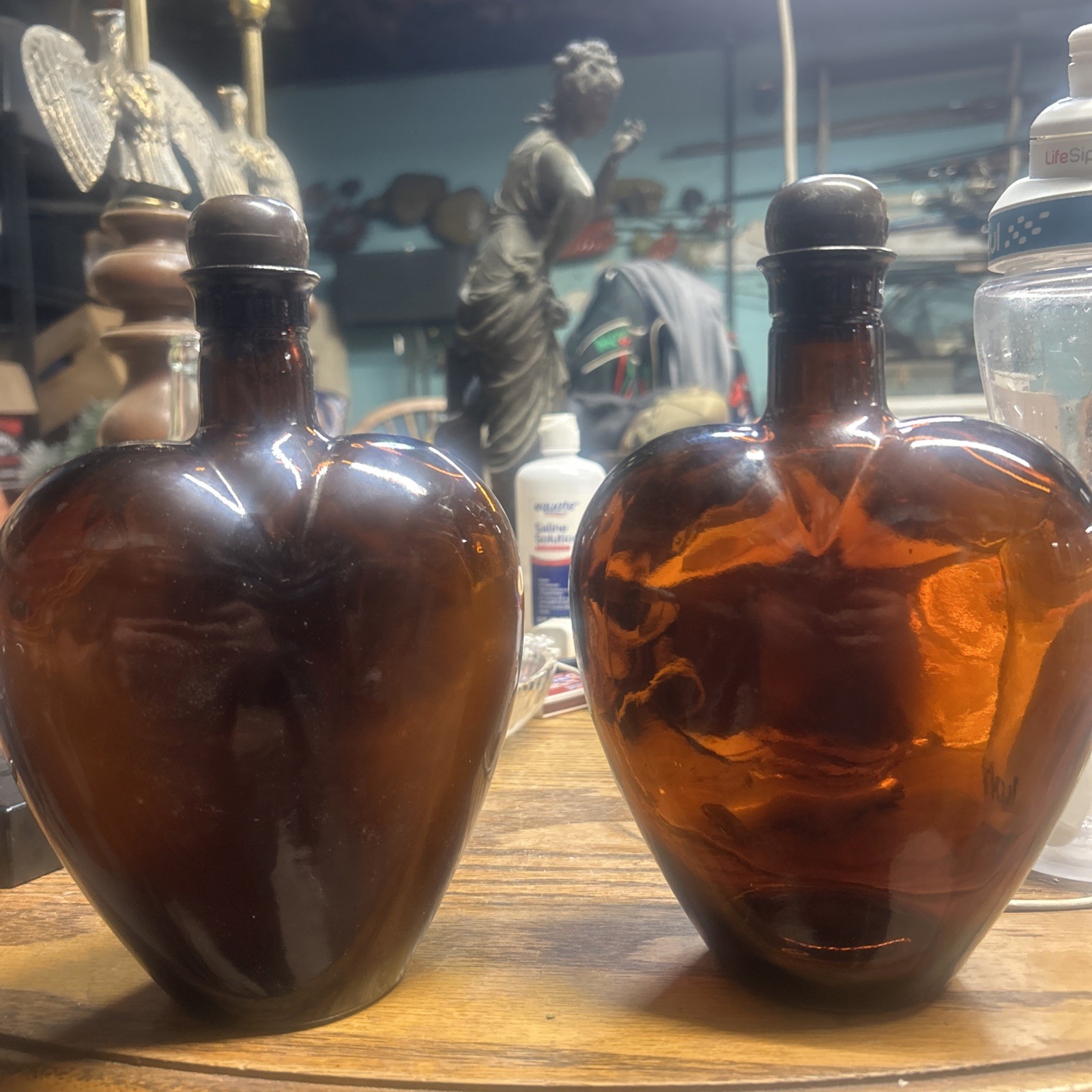 2 Vintage 8.5" Paul Mason Amber Heart Shaped Empty Liquor Sherry Bottle & Topper