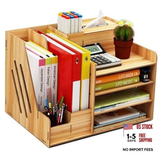 4-Tier Wooden Desk Organizer, Wooden Desk File Organizer with 2 Vertical File