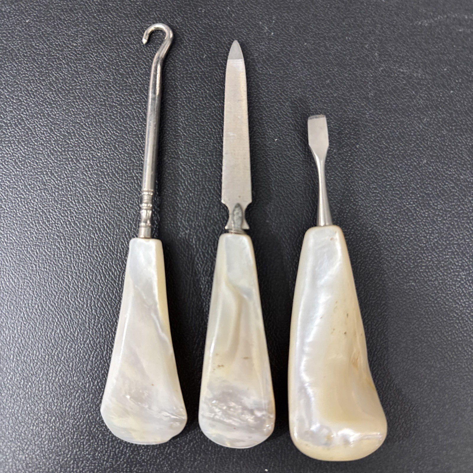 3 MOTHER OF PEARL HANDLE BUTTON NUT Pick FILE & CROCHET HOOK