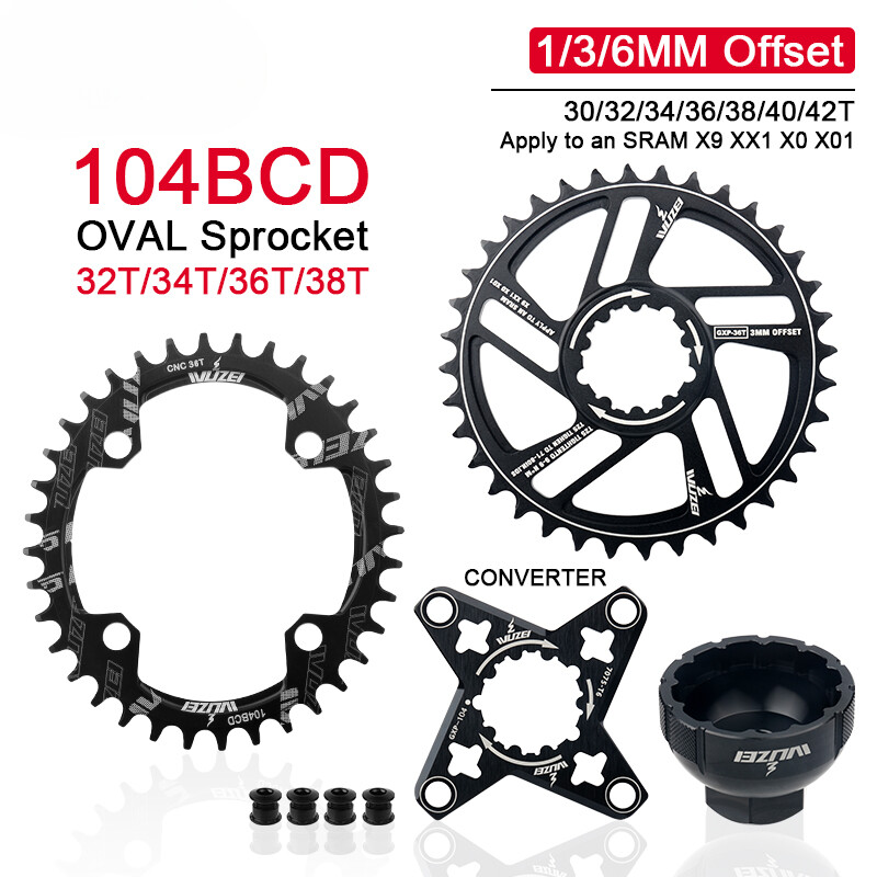 104BCD MTB Bicycle 3 Bolt Oval ChainWheel 30/32/34/36/38/40/42T Offset 1/3/6mm