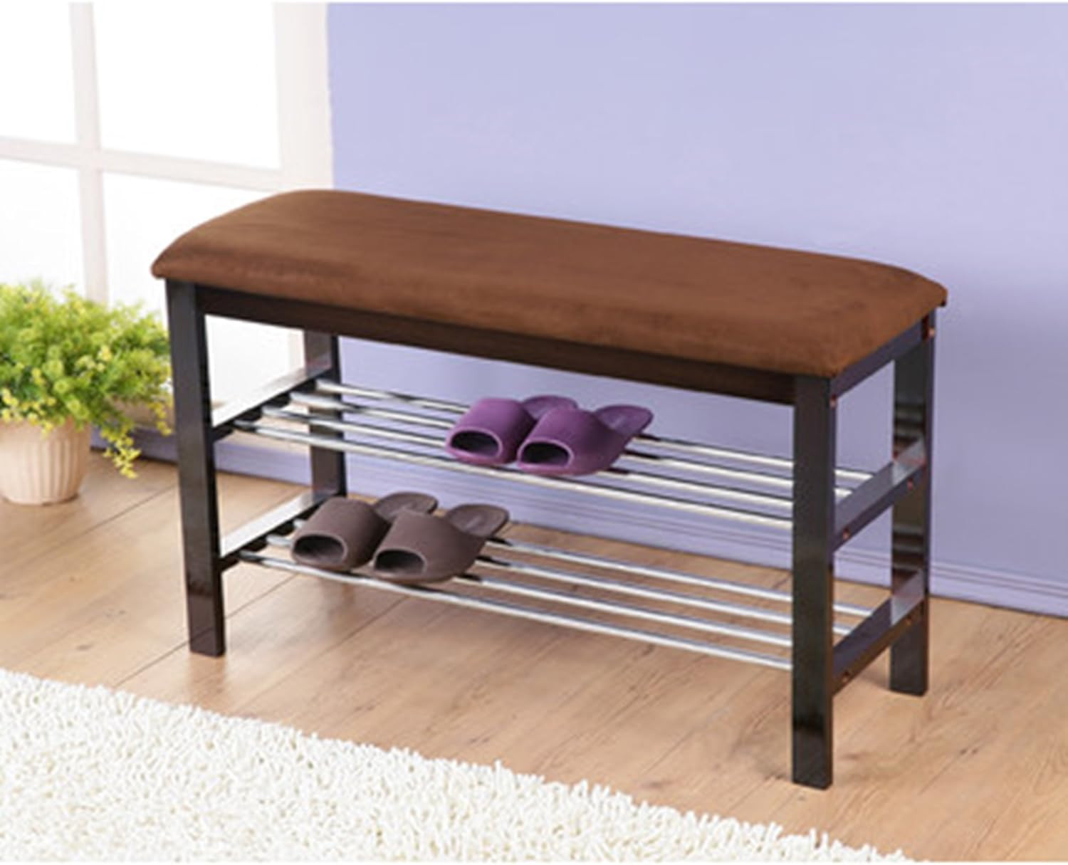 Dark Espresso Wood Shoe Bench with Chocolate Microfiber Seat, Brown, 19.00 X 12.