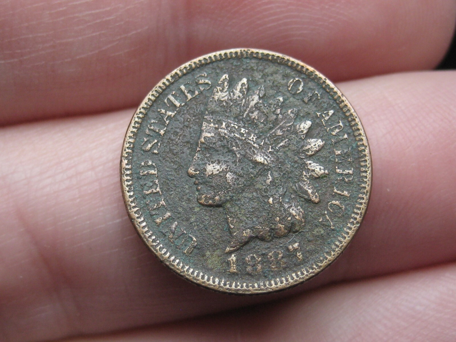 1887 Indian Head Cent Penny- Fine/VF Details, Metal Detector Find?