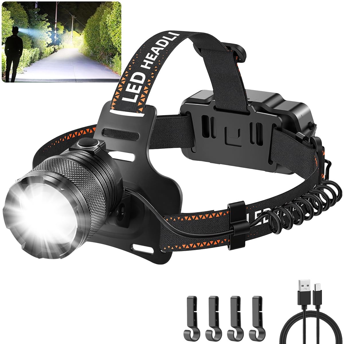 Super Bright Aluminum Headlamp, Rechargeable Headlamp High Lumen, 90° Adjusta...