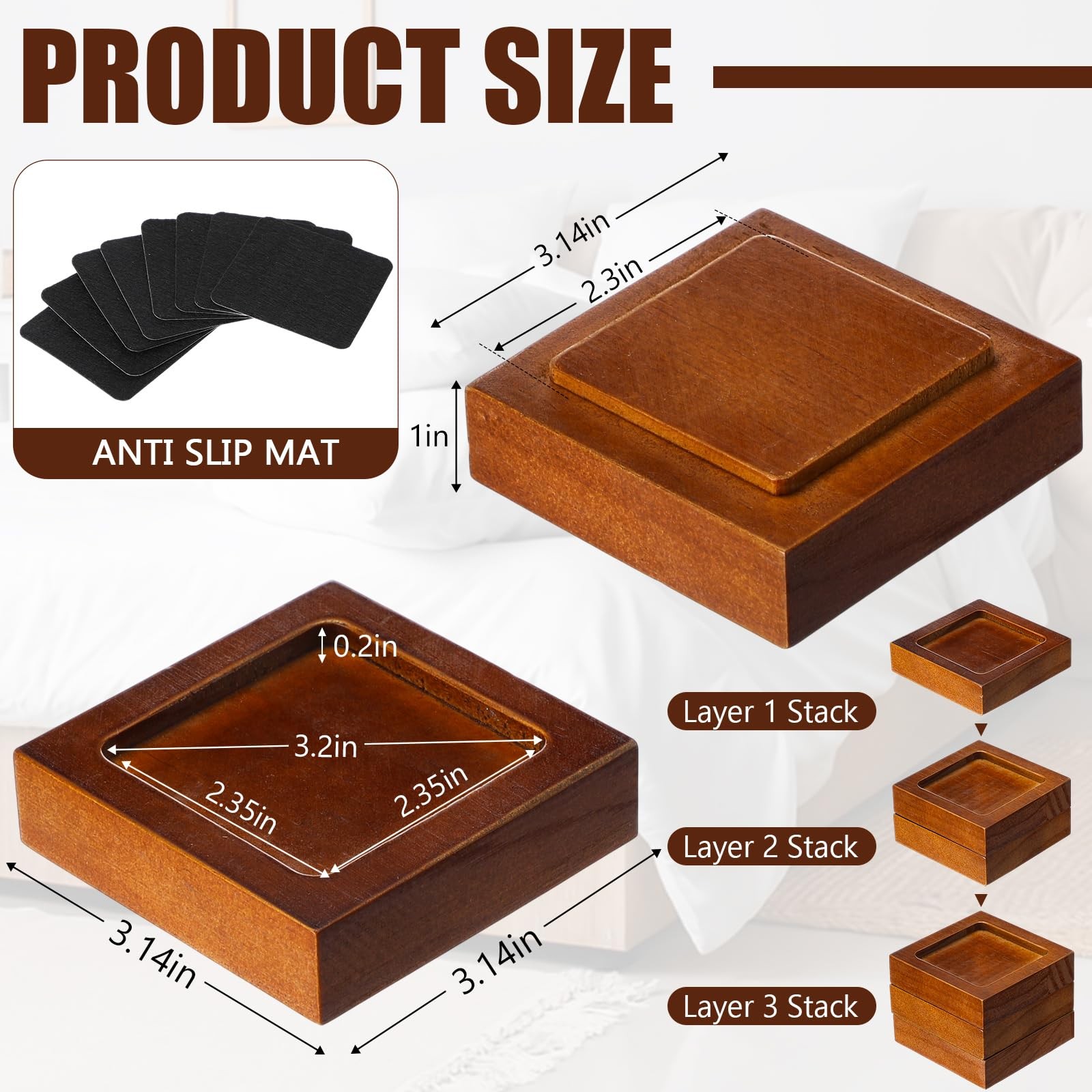 8 Pack Bed Risers Solid Wood Lifts Height Adjustable 1-4 Inch Walnu