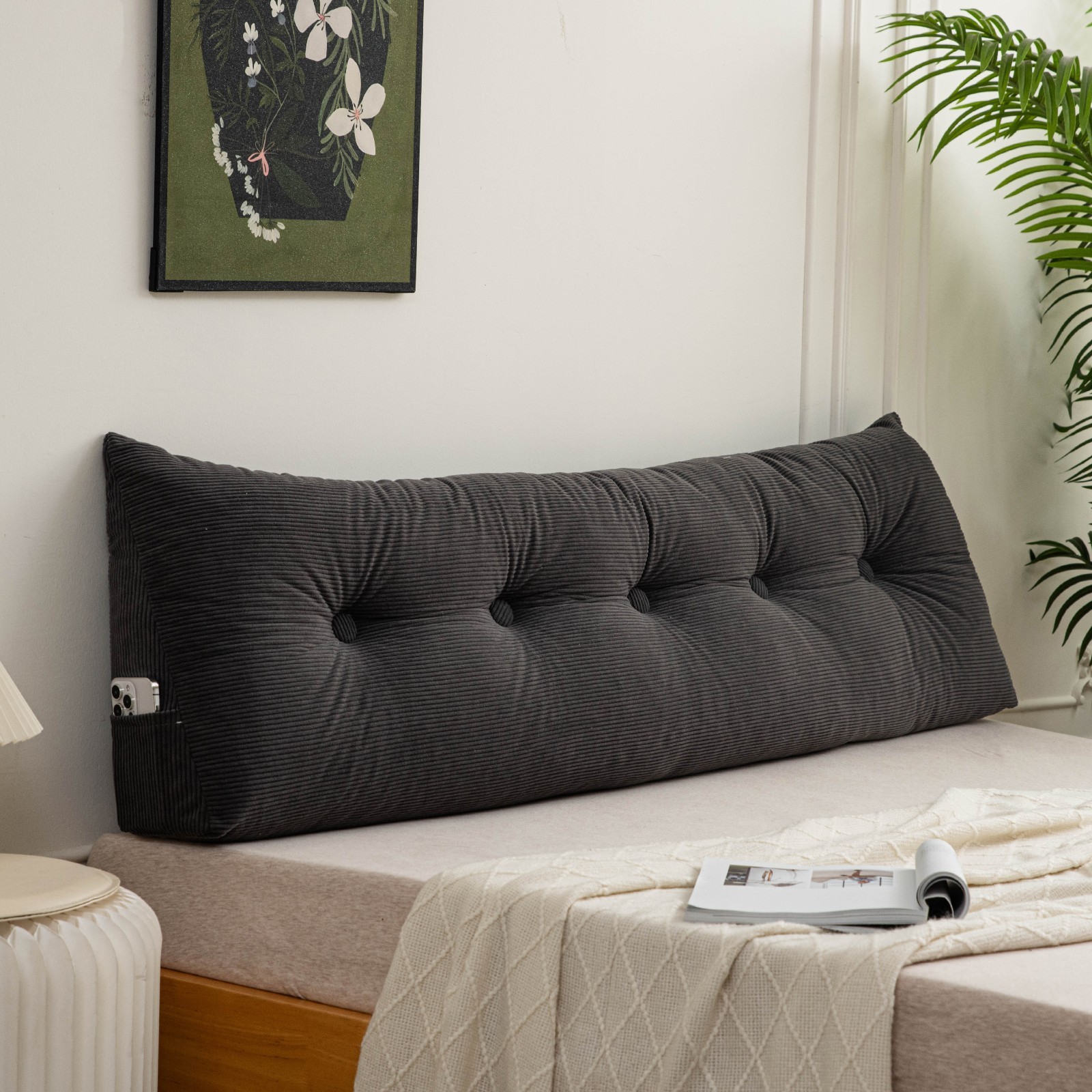 Triangular Headboard Pillows w/Side Pocket Corduroy Wedge Reading Pillow for Bed