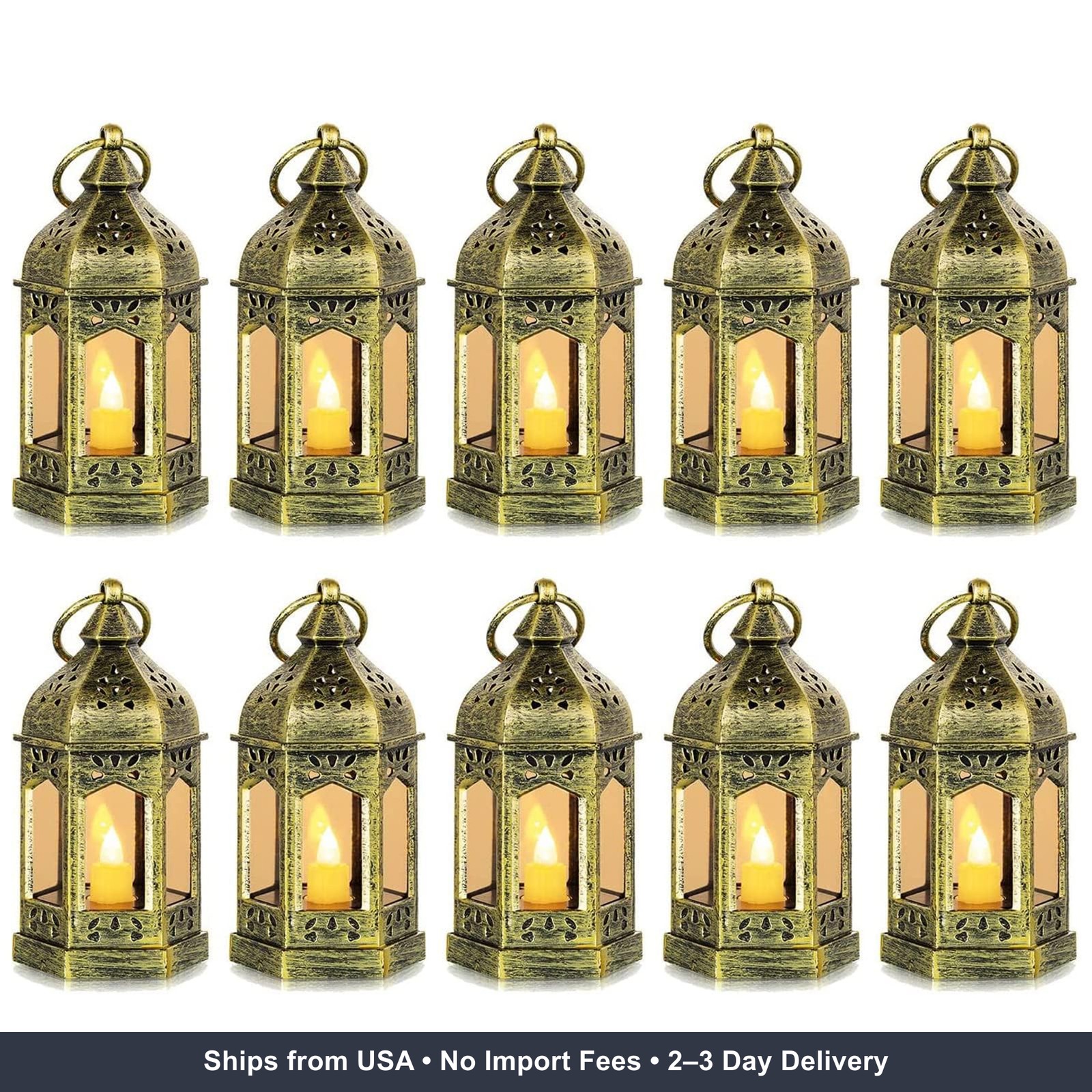 Mini Lantern with Flickering LED Candles Set of 10, Hewory Gold Vintage Decorati