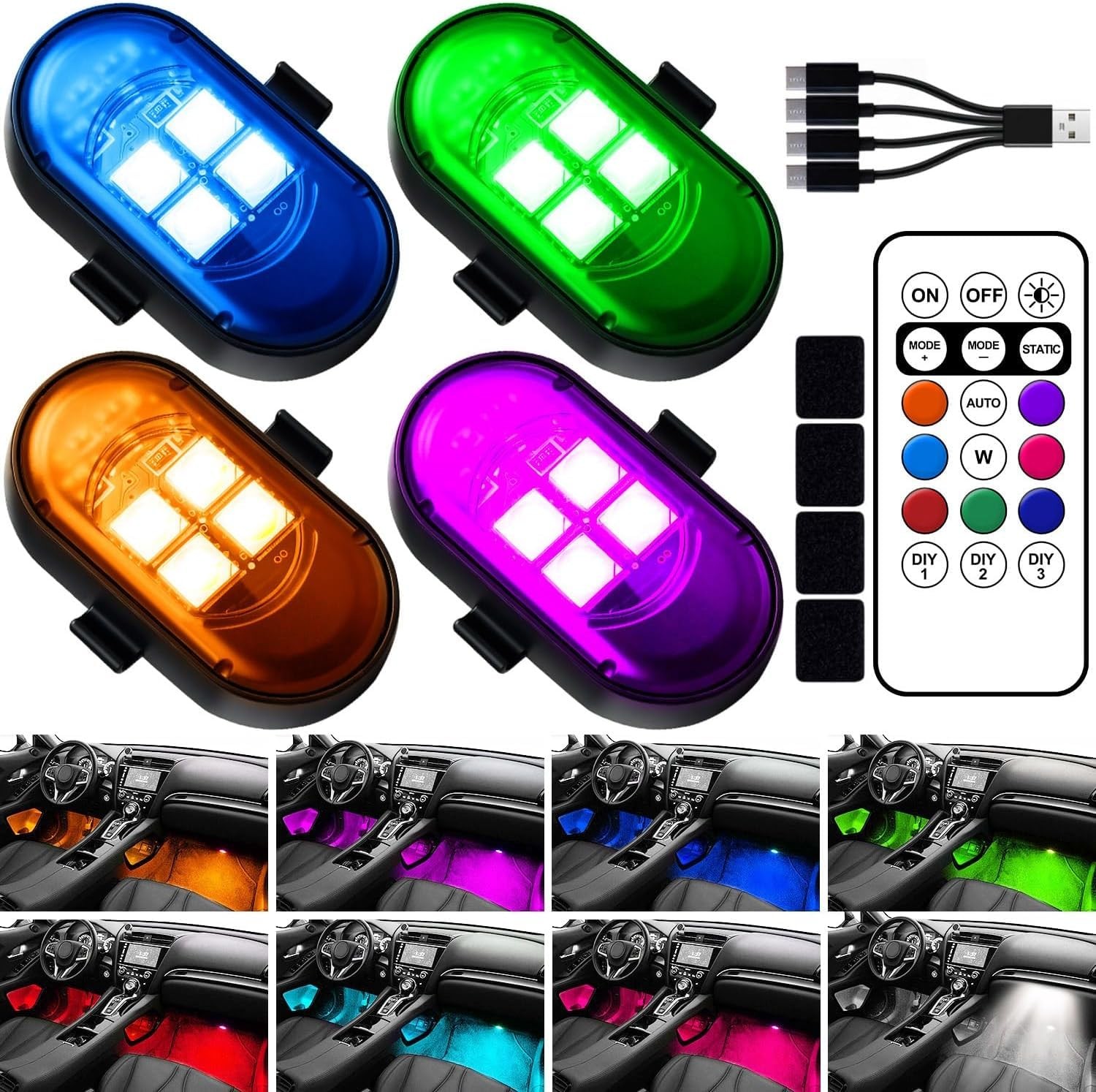 Upgraded Wireless LED Lights for Car Rechargeable Interior Car Lights with 8
