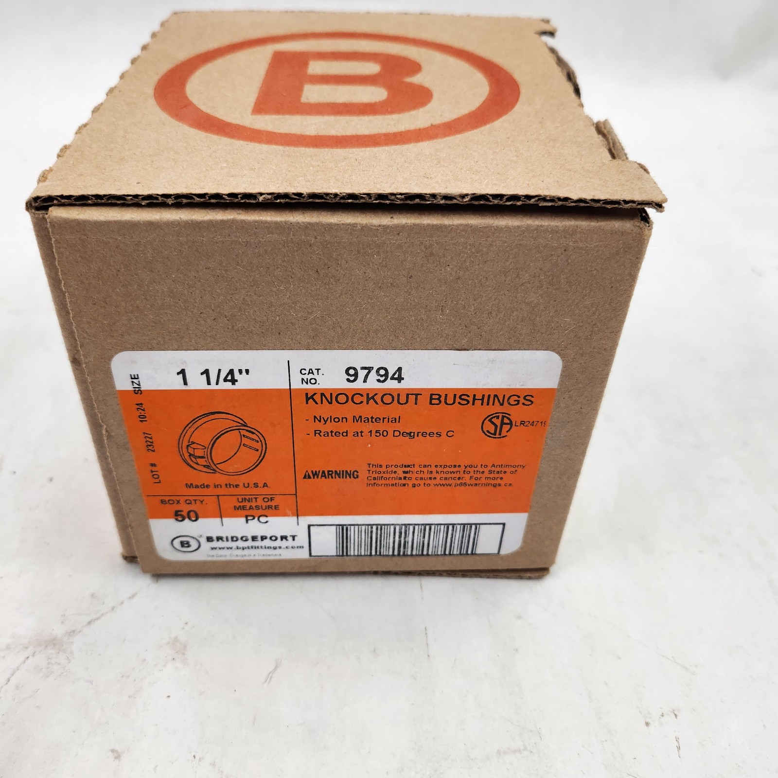 Bridgeport 9794, 1-1/4", Natural Plastic, Knockout Insulating Bushing Box Of 50