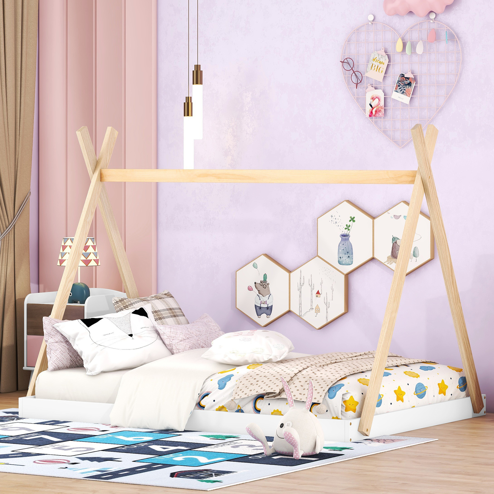 Full Size Floor Bed Solid Wood House Bed Kid Tent Bed w/Triangle Structure White