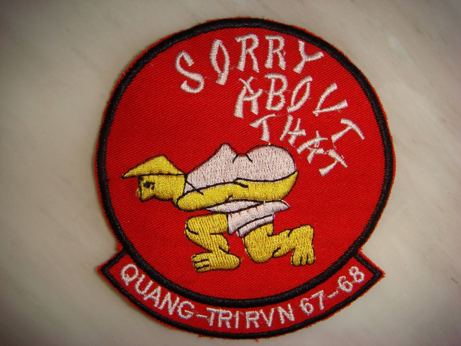 USMC HMM-361 AT QUANG TRI RVN 67-68 " SORRY ABOUT THAT ", VIETNAM WAR PATCH