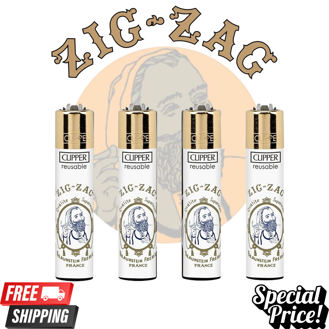 4 Clipper Refillable Lighters Full Size White Zig Zag Design Lot New CP11