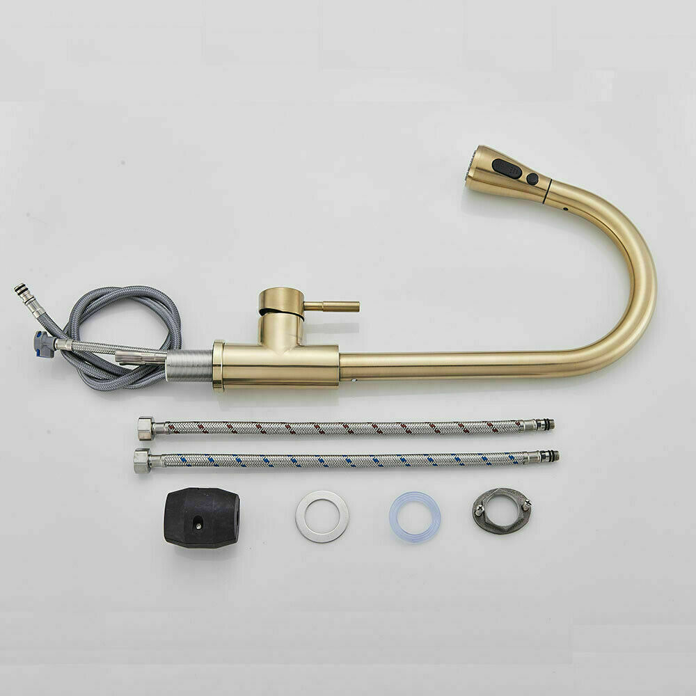 Kitchen Sink Faucet Brushed Gold Pull Down Sprayer Single Handle Mixer w/Cover