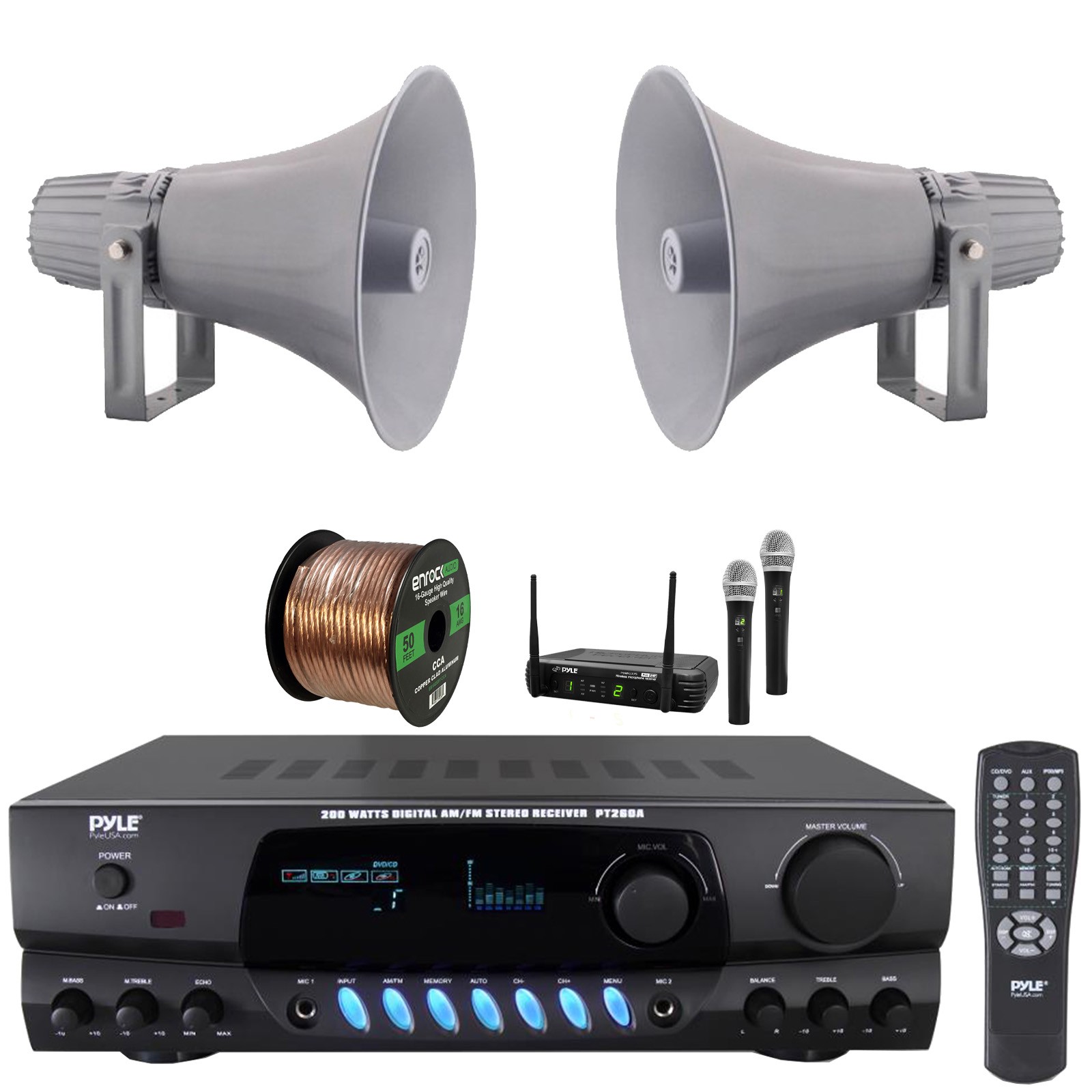 Pyle Digital Home Radio Receiver, 2x 12.7'' 60W RMS PA Horn Speakers, Mic System