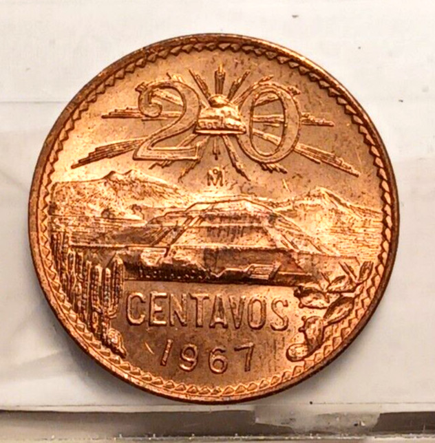 Mexico 1967 Mo 20 Centavos Choice BU Uncirculated Condition Bronze KM#440