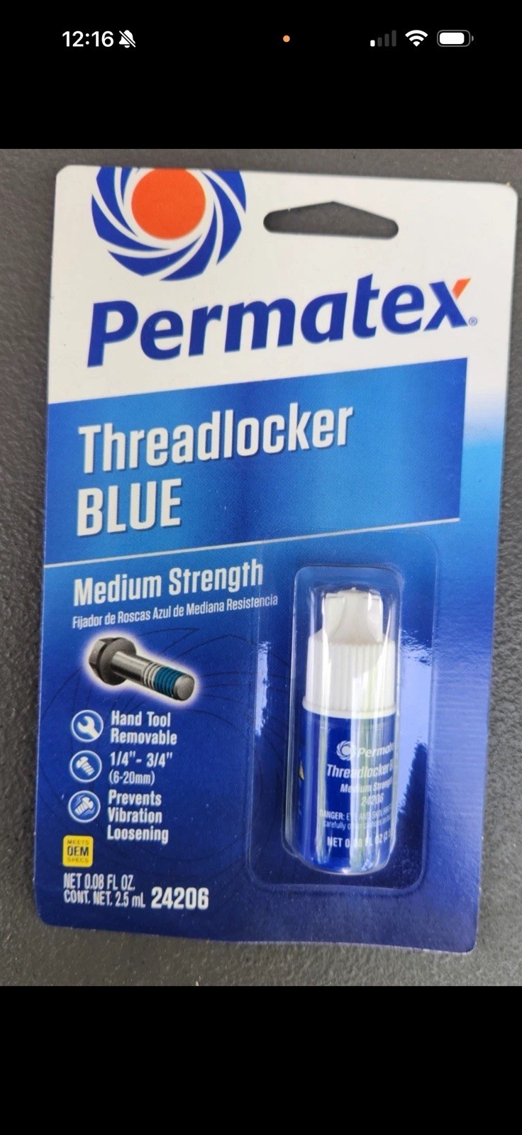 (6 Pk) Permatex Threadlocker Blue 24206, 2.5 ml