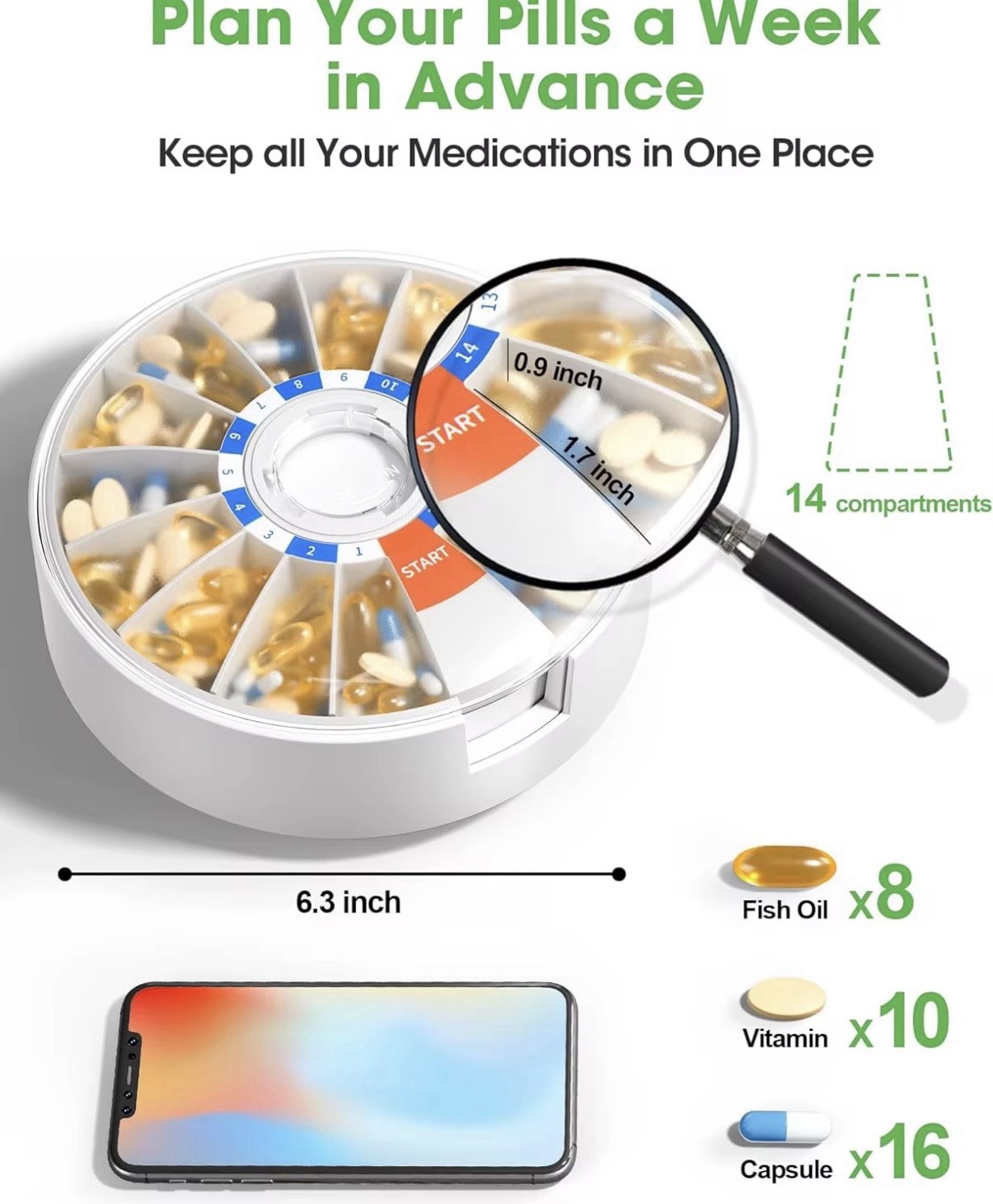 Daily Pill Organizer 14 Day Large Capacity Pill Dispenser Wall Mounted or Stand